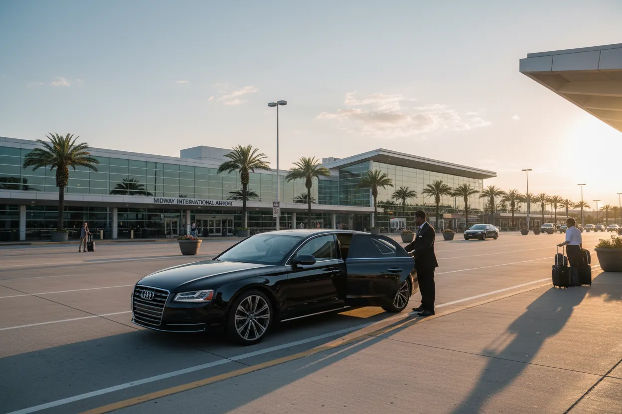 Polished black executive sedan arriving at Midway Airport terminal on a summer morning, soft warm sunrise light over the terminal facade, clean and professional vehicle, early morning atmosphere