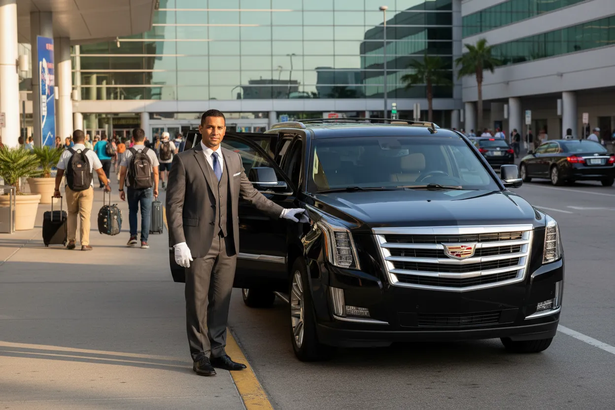 Professional chauffeur in a dark suit holding the door open of a polished black executive SUV at O'Hare Airport departures on a summer afternoon, warm late-afternoon sunlight, busy departure area in the background, professional and composed