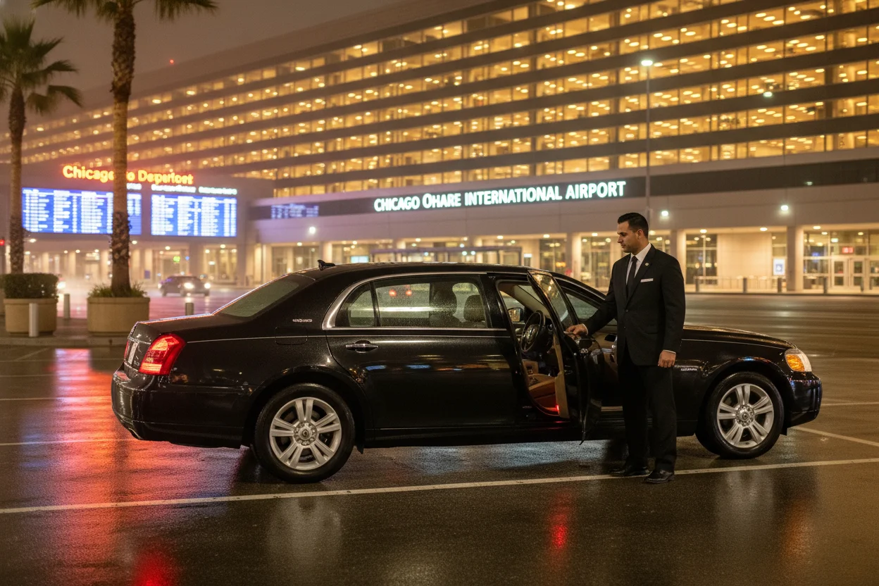 Polished black executive sedan parked curbside at a Chicago airport pickup zone at night, professional chauffeur standing beside the open rear passenger door, terminal lights reflecting off the pavement