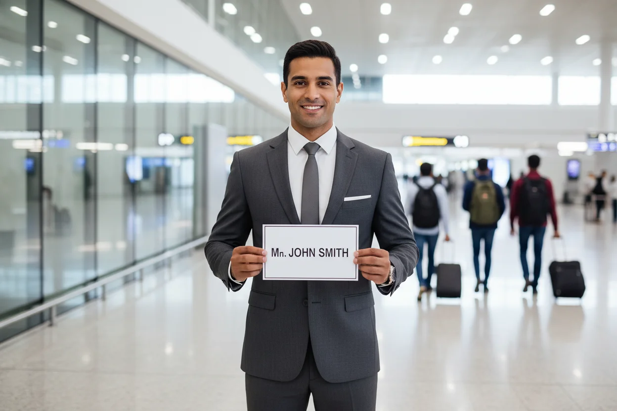 Professional chauffeur in a dark suit holding a name sign in a modern airport arrivals hall, polished and composed, soft overhead terminal lighting, other travelers visible in the background