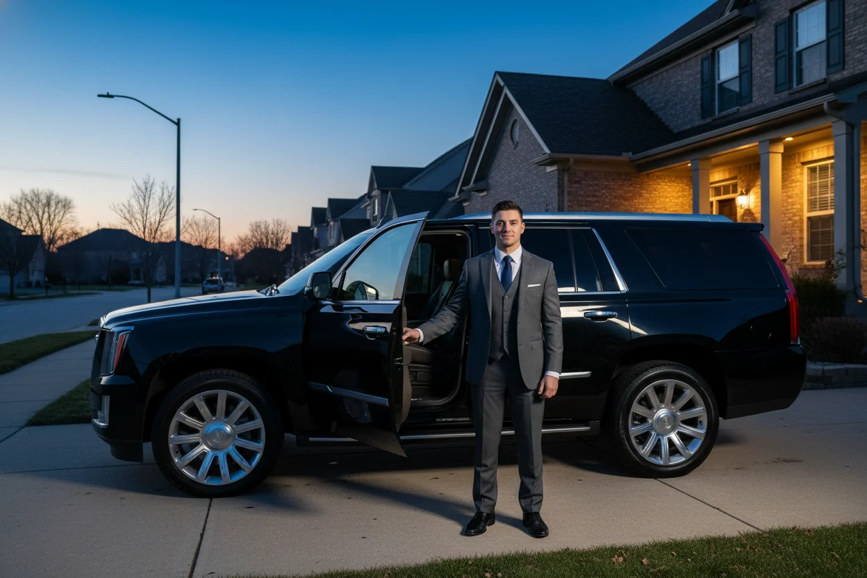 Professional chauffeur in a dark suit standing beside the open rear door of a polished black SUV parked in a Naperville residential driveway at pre-dawn, porch light on, quiet suburban street
