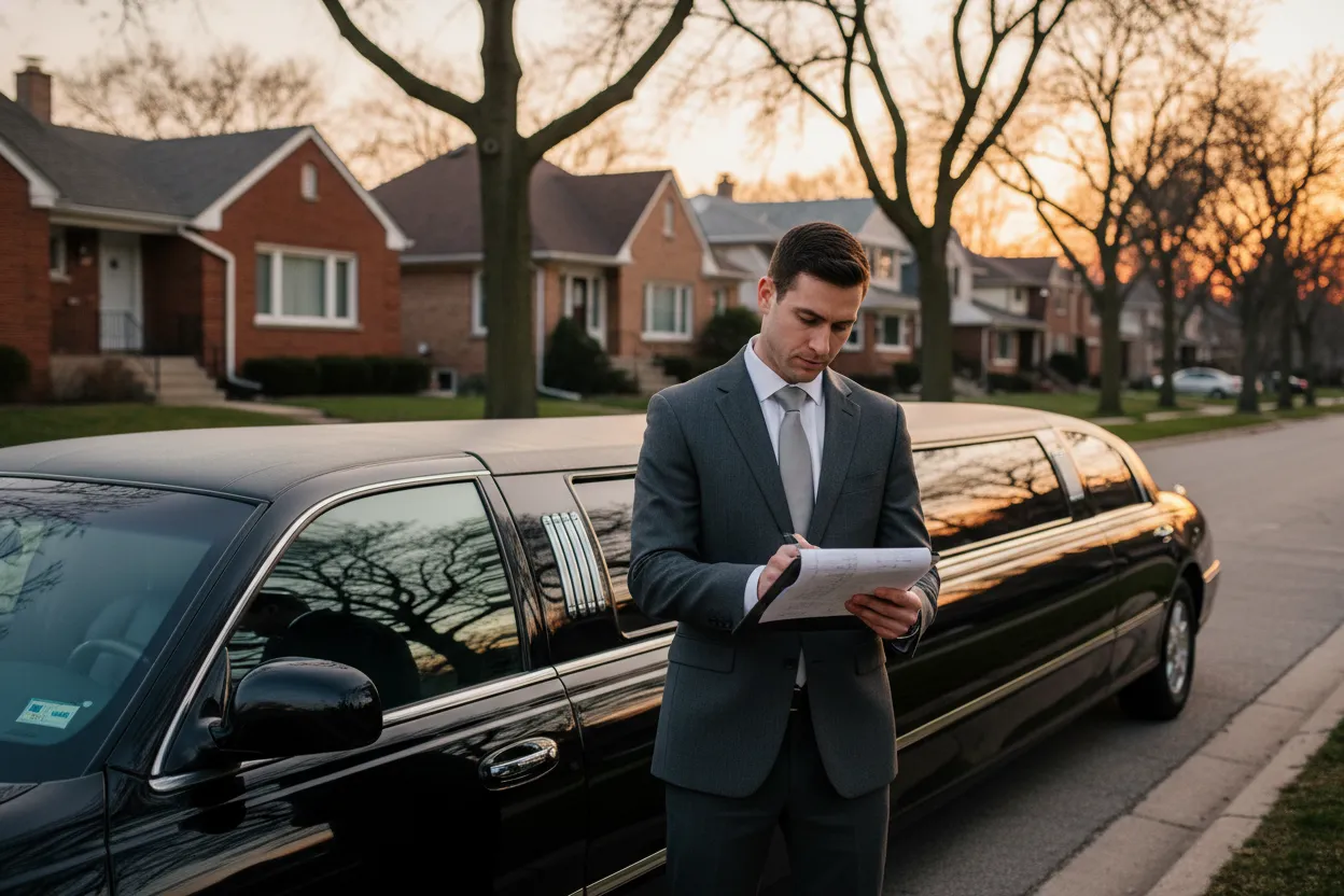 Professional chauffeur in a dark suit reviewing a route itinerary on a clipboard beside a polished black limousine, suburban Chicago dusk