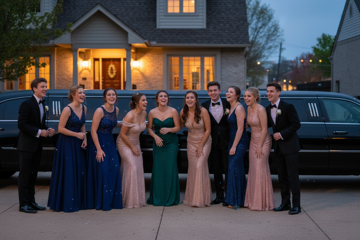 Group of elegantly dressed students gathered outside before prom, laughing together beside a black stretch limousine on a Chicago suburban street at night