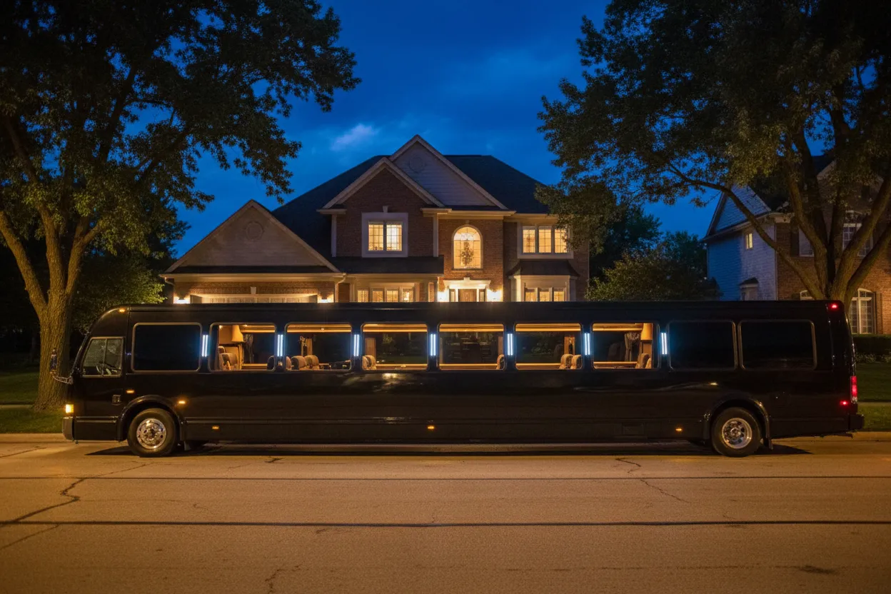 Large group of excited prom-age teenagers boarding a black limo bus outside a Chicago suburban home at night, dressed in formal prom attire, smiling and laughing
