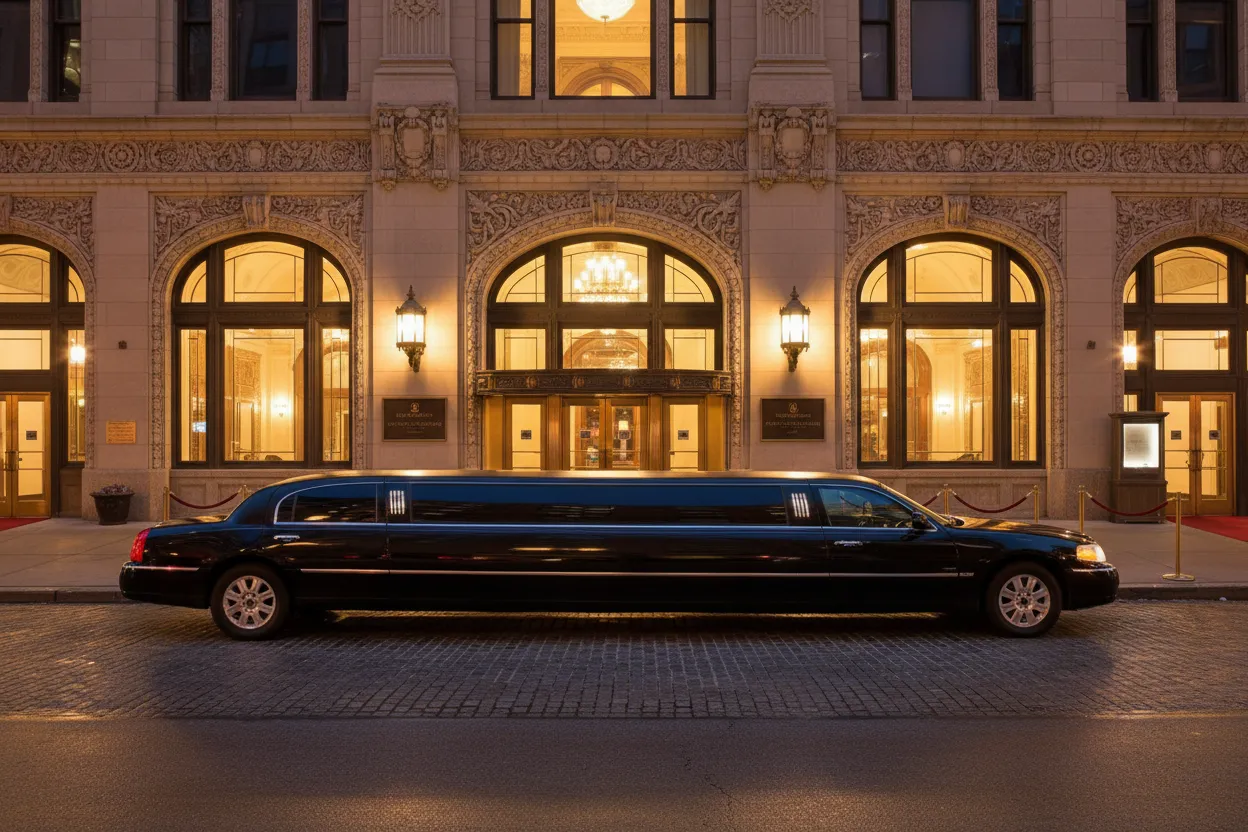 Polished black stretch limousine parked at night outside a Chicago ballroom entrance, city lights reflecting on the hood