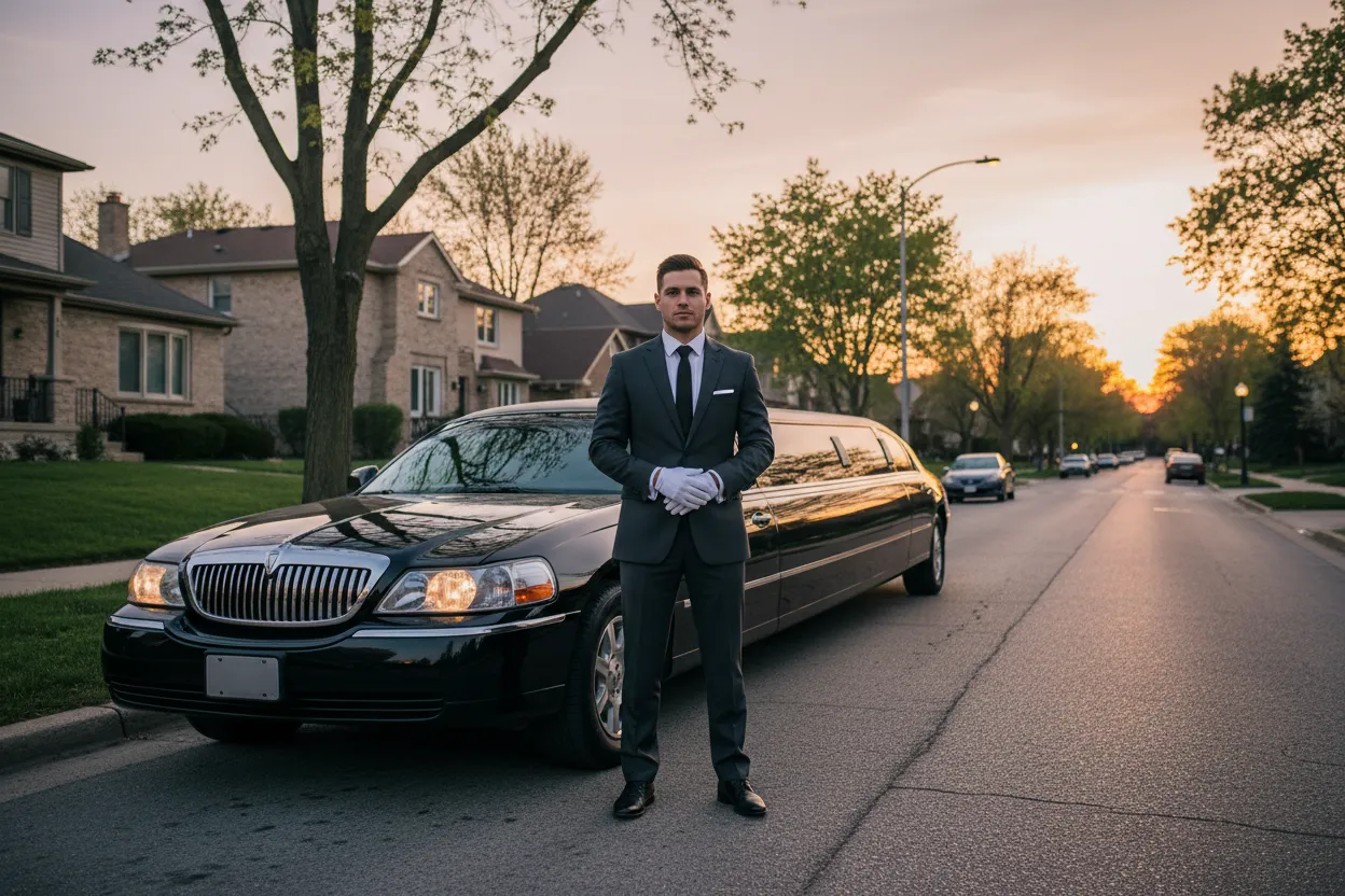 Professional BACP-licensed chauffeur in formal dark suit standing confidently beside a black stretch limousine on a Chicago suburban street at dusk