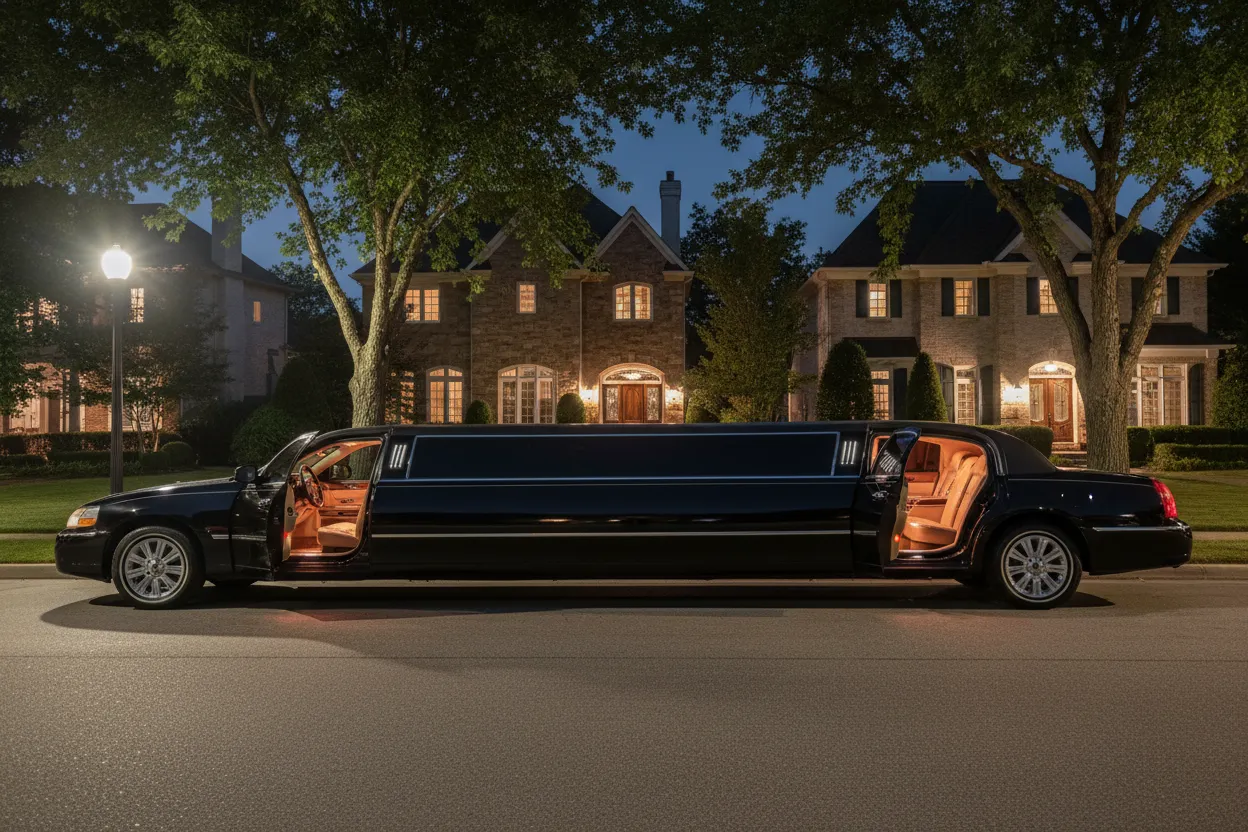 Black stretch limousine parked in a line with other vehicles outside a suburban Chicago high school at night, parents watching students depart for prom