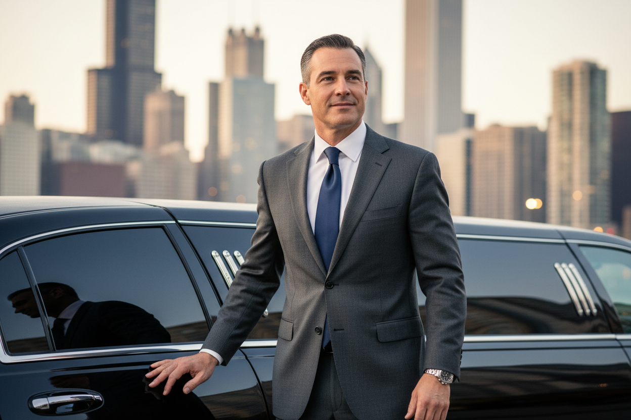 BACP licensed chauffeur in formal dark suit standing beside a polished black limousine door in Chicago