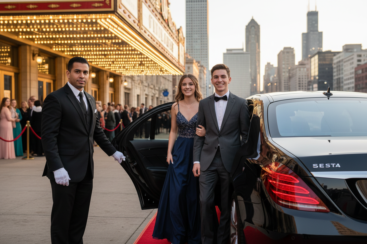 Professional chauffeur in formal attire opening the door of a black stretch limousine for a group of prom students