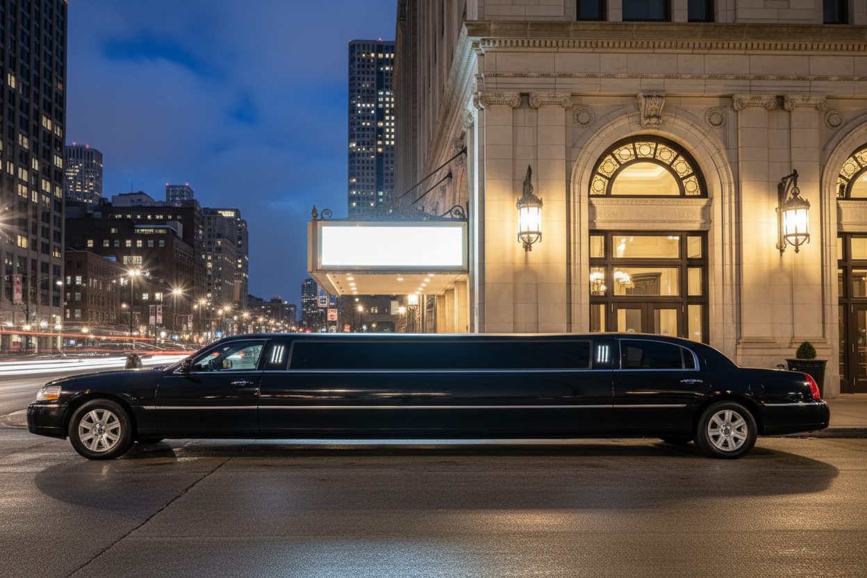 Stretch limousine parked outside a Chicago venue at night, doors open, soft interior lighting glowing
