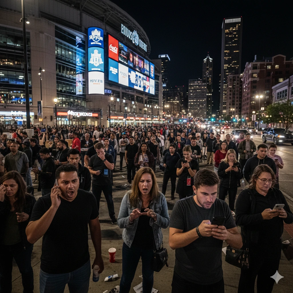 Crowd outside concert venue checking phones for rideshare