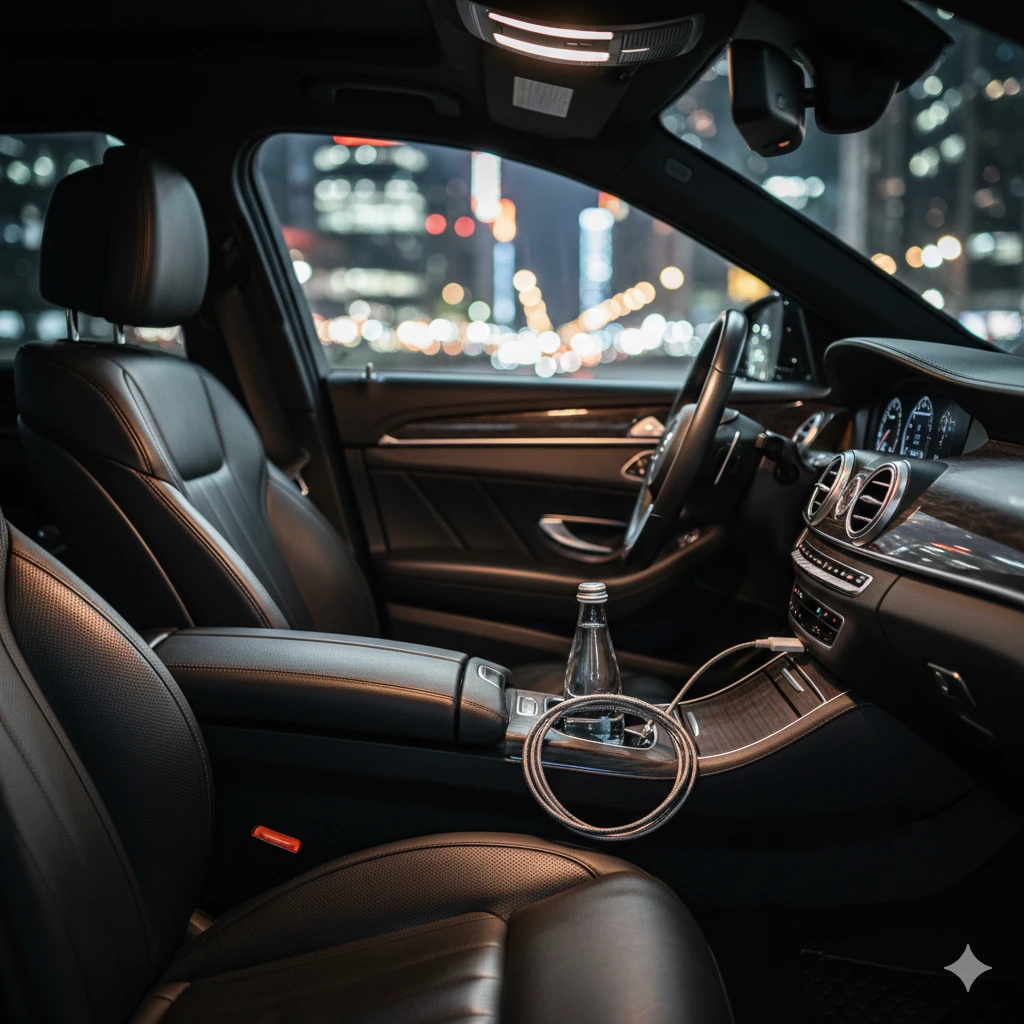 Luxury black car interior with amenities