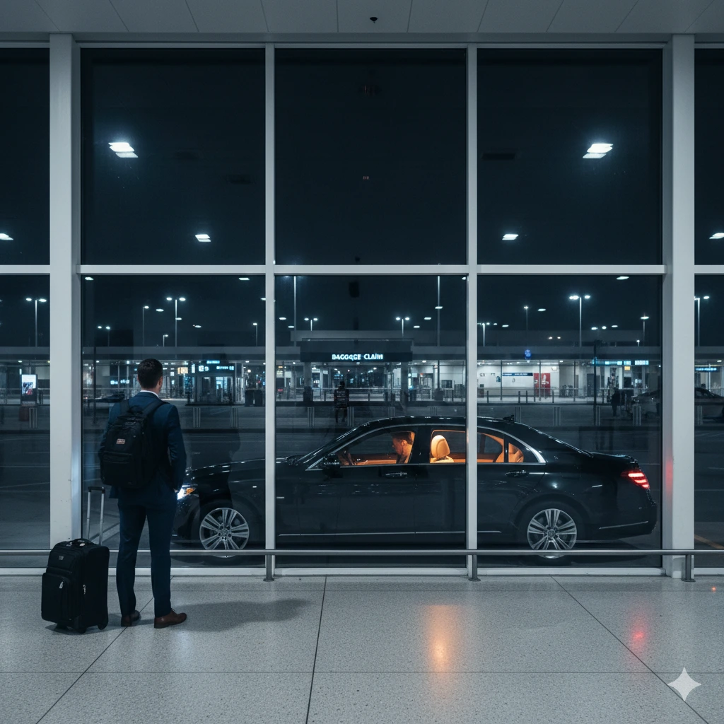 Traveler spotting their ride at O'Hare arrivals late at night
