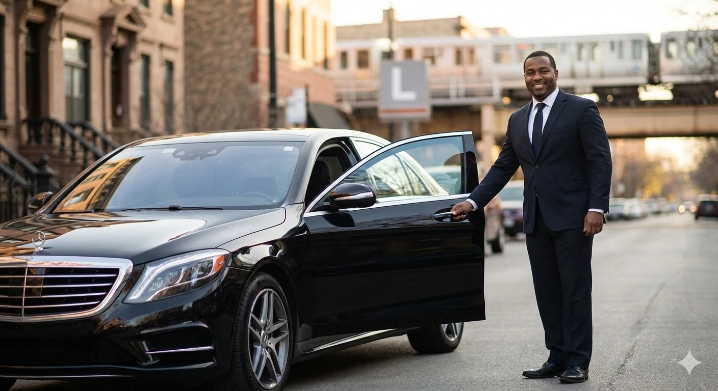 Professional chauffeur opening door of black sedan