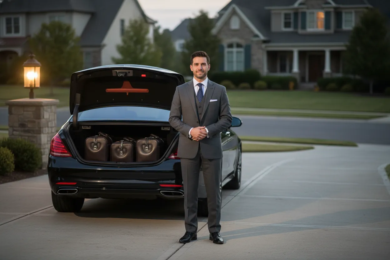 Professional chauffeur in a dark suit standing beside a polished black sedan at a suburban home driveway at dawn, warm porch light, luggage loaded in the open trunk, photorealistic style