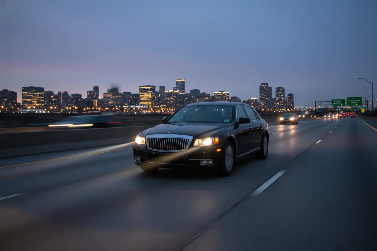 Black executive sedan traveling on I-90 at pre-dawn heading toward O'Hare, Chicago city glow in the far distance, deep blue-grey sky, light traffic, photorealistic style