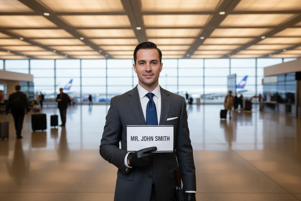 Professional chauffeur in his 30s in a dark suit holding a printed name sign at O'Hare International Airport arrivals hall, soft overhead lighting, composed and welcoming expression, photorealistic style