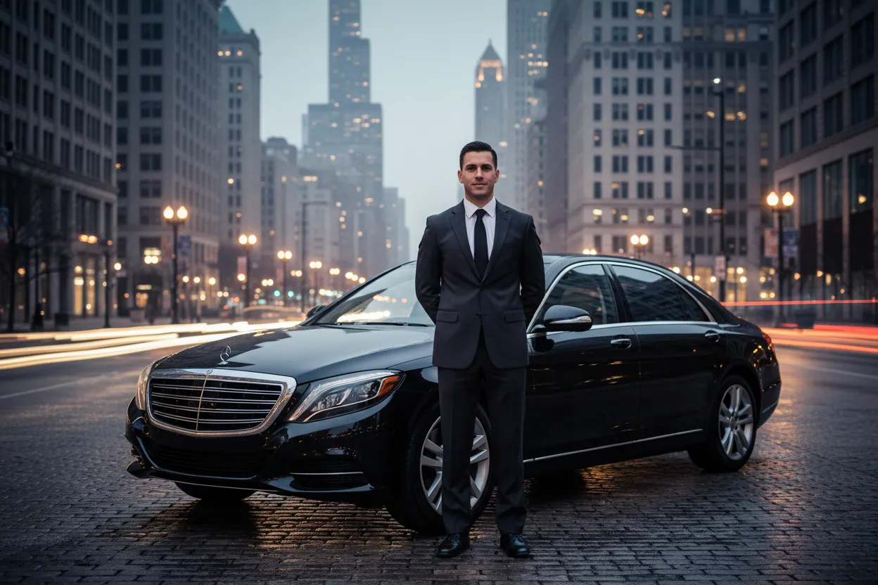 Professional chauffeur in a dark suit standing beside a polished black sedan on a quiet pre-dawn Chicago street, city lights in the background