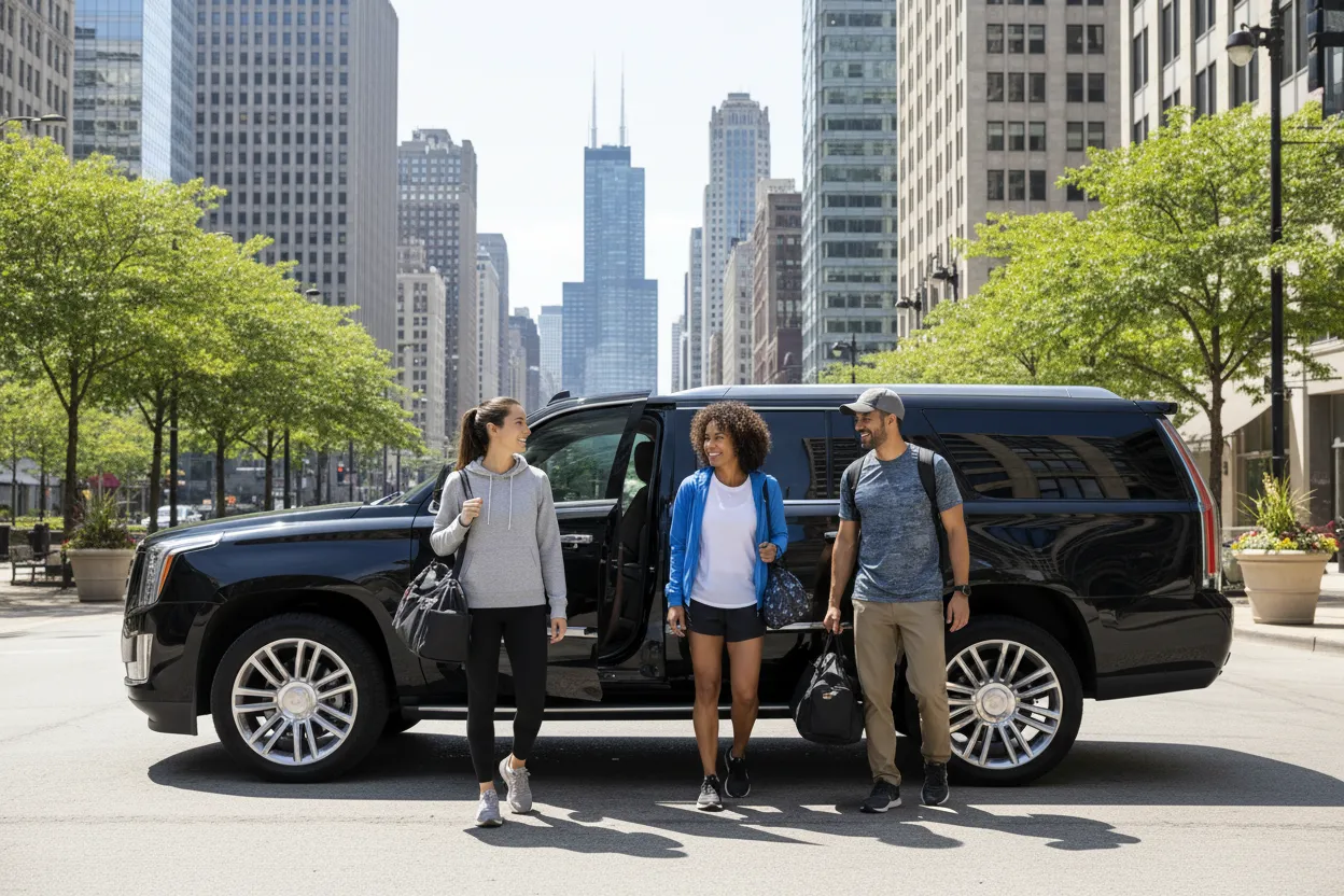 Group of friends in casual athletic wear stepping into a black executive SUV on a Chicago street on a bright March morning, ready for a race day event