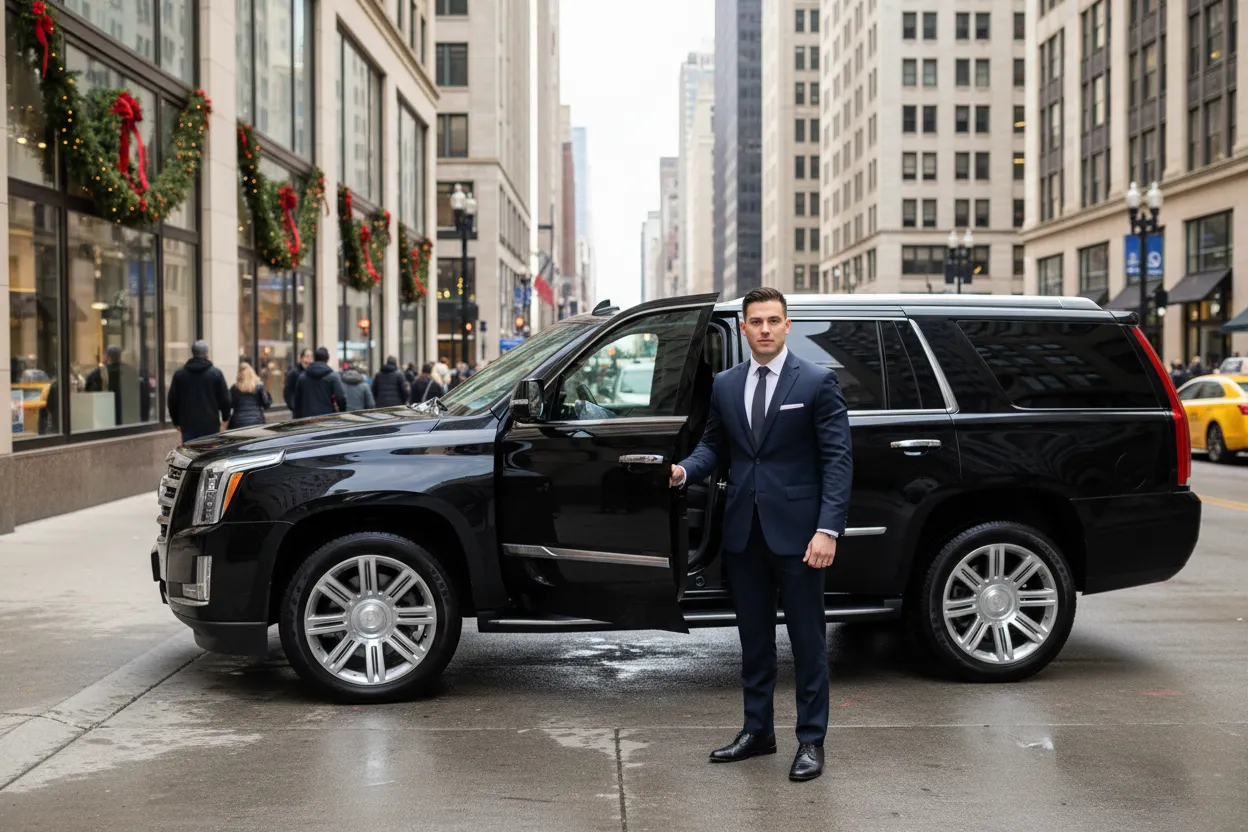 Professional chauffeur in a dark suit holding open the door of a black SUV on a downtown Chicago street, daytime, slight green festive decorations visible in background