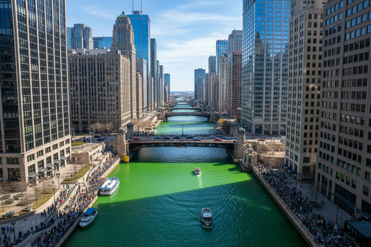 Aerial view of the Chicago River dyed bright green on St. Patrick's Day, surrounded by downtown Chicago skyline and crowds on the bridges