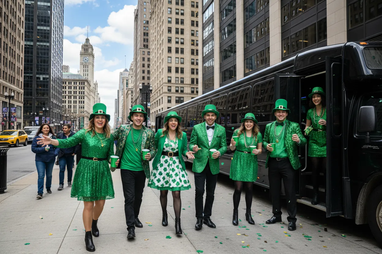 Group of friends in green attire stepping out of a black limo bus onto a Chicago downtown street, celebratory atmosphere, daytime