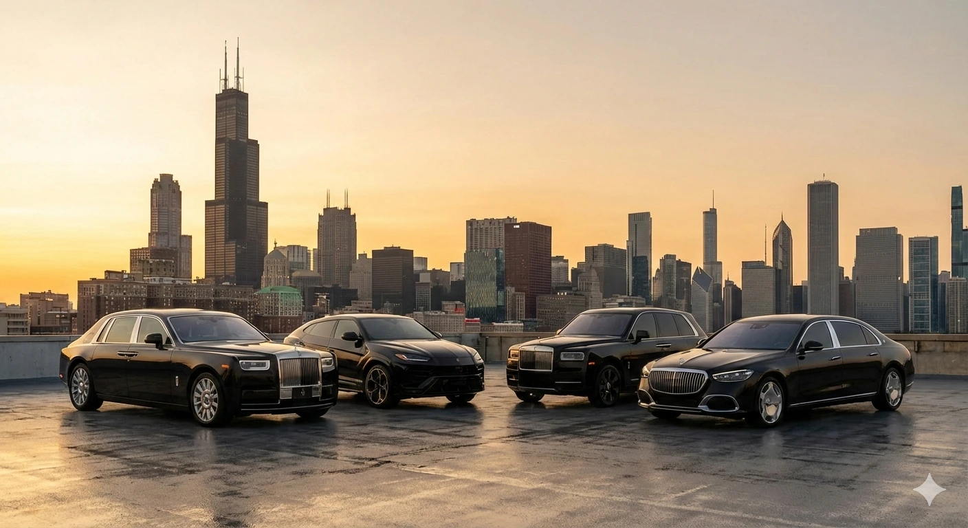 Luxury fleet with Chicago skyline at golden hour