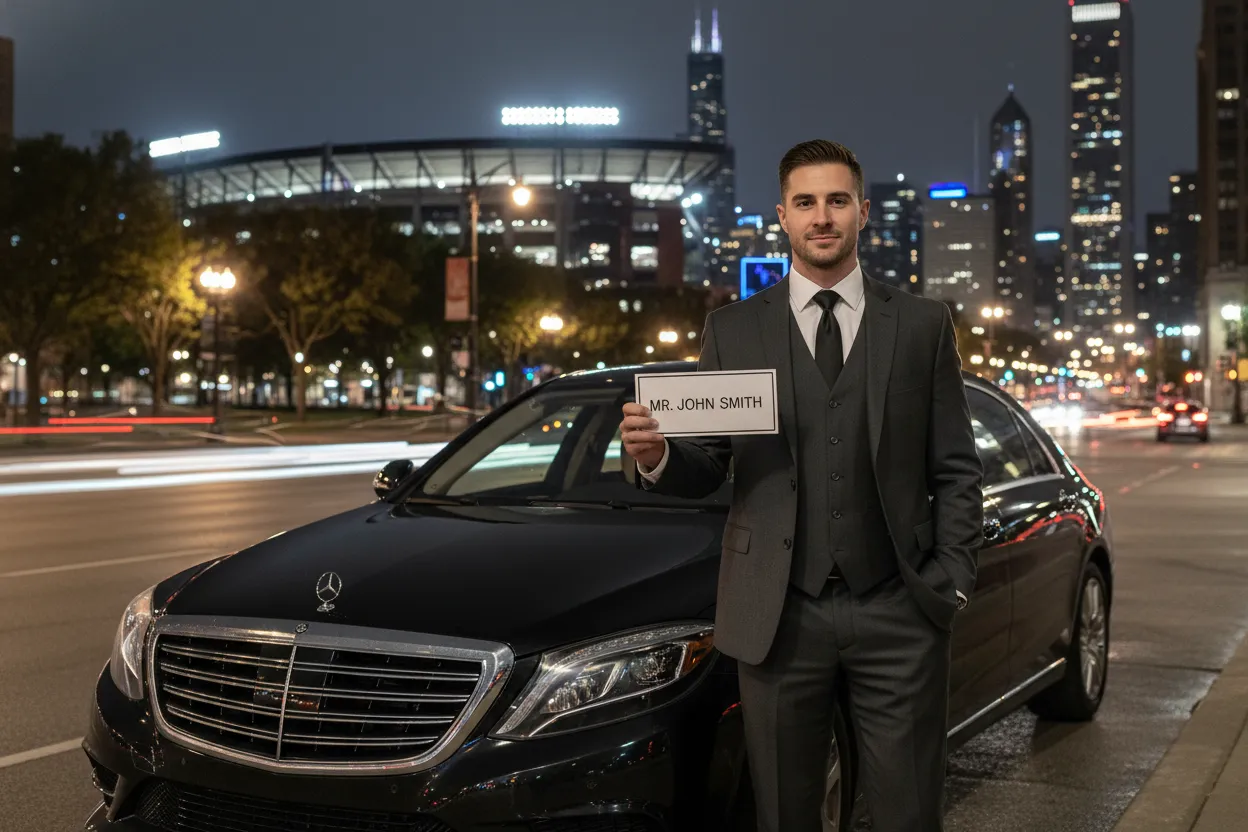 Professional chauffeur in his late 20s in a dark suit standing beside a polished black sedan on Columbus Drive near Soldier Field at night, Museum Campus lights in background, holding a passenger name sign, photorealistic style