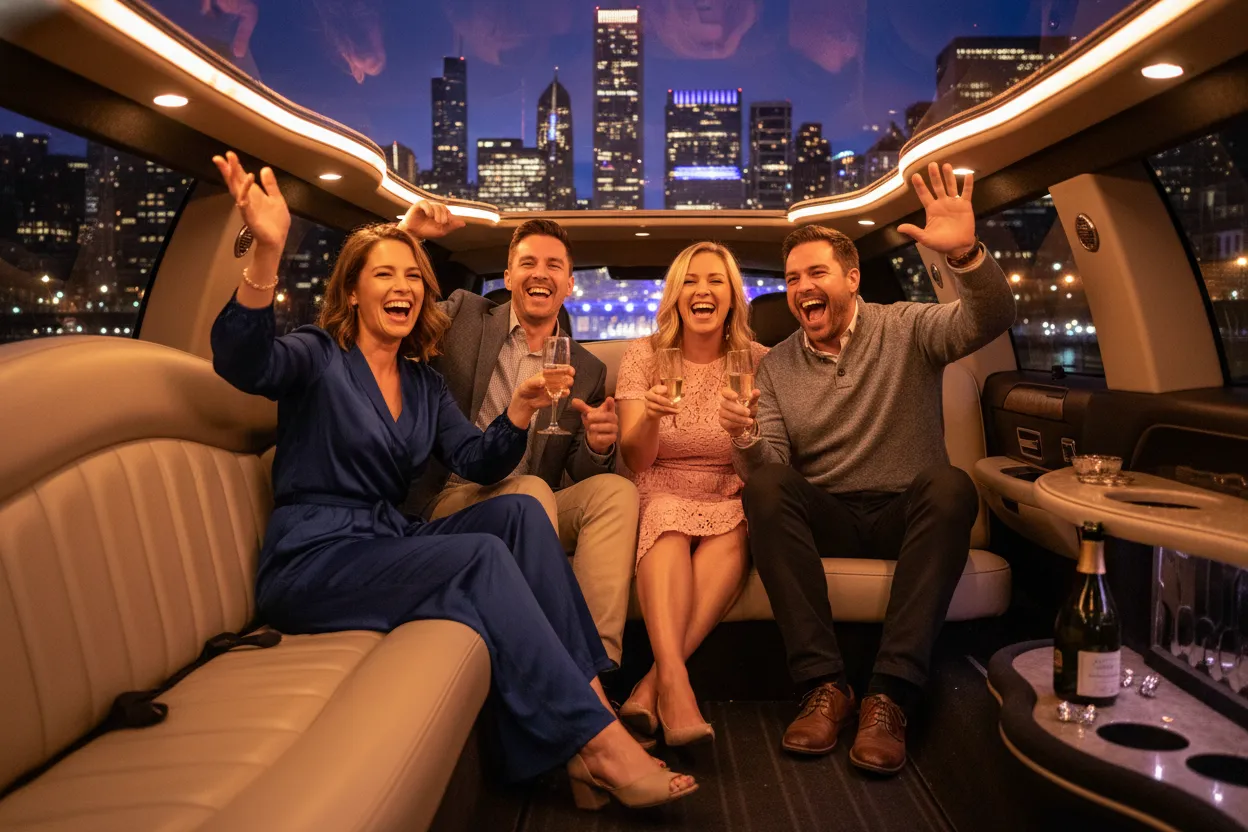 Group of four adults in casual event attire celebrating inside a stretch limousine, warm interior lighting, relaxed and laughing, Chicago night skyline visible through the window, photorealistic style