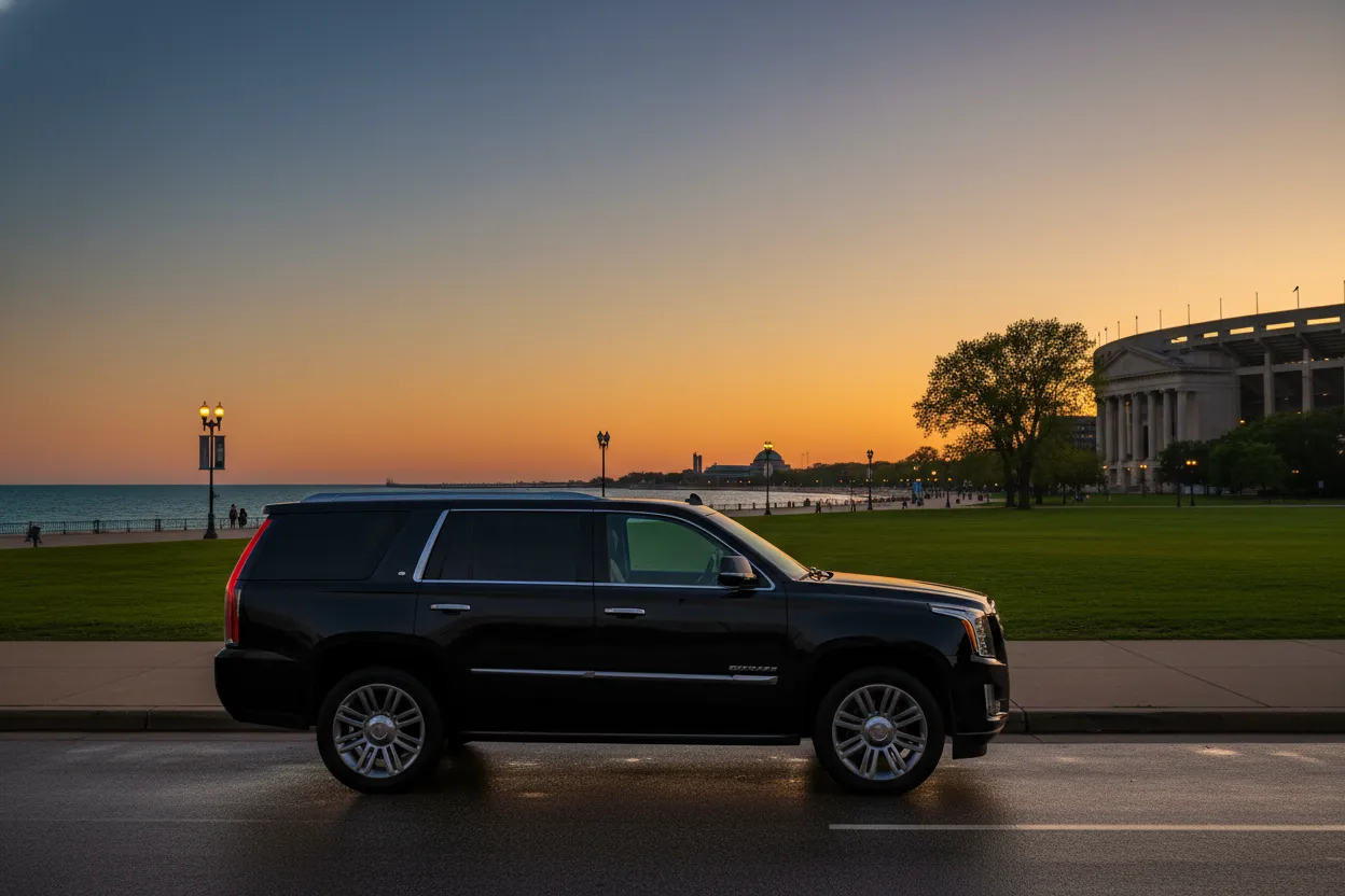 Black executive SUV parked on Columbus Drive near Soldier Field at dusk, Museum Campus green space visible, Chicago skyline in background, golden evening light, photorealistic style